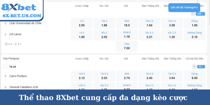Thể thao 8Xbet cung cấp đa dạng kèo cược